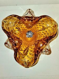 Vintage Murano Italy Amber Bullicante Millefiori Art Glass Bowl Cased in Clear